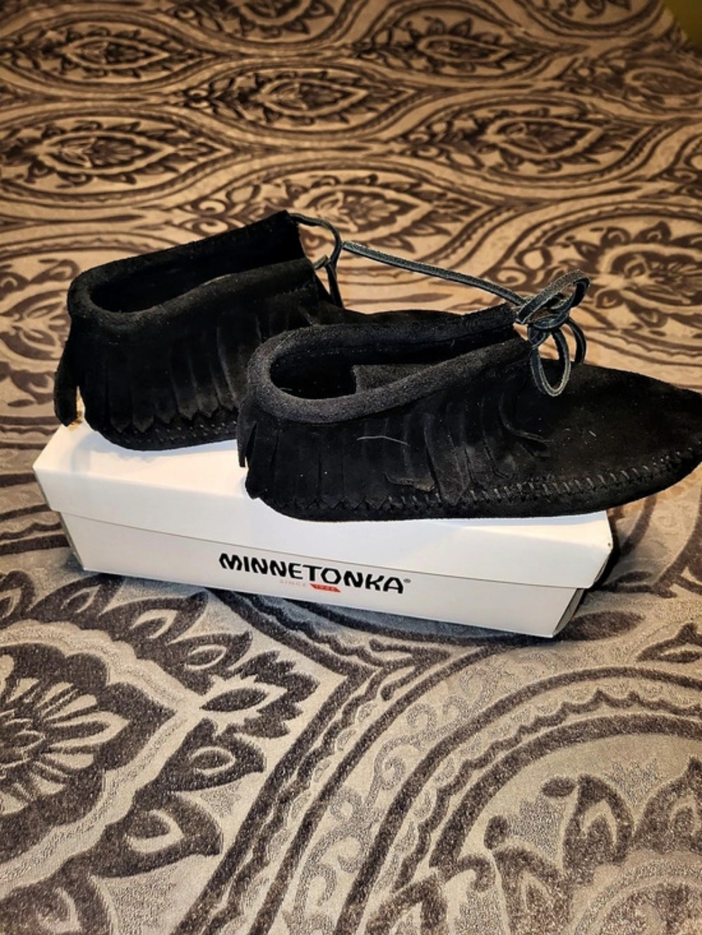 Minnetonka Black Fringe Moccasins